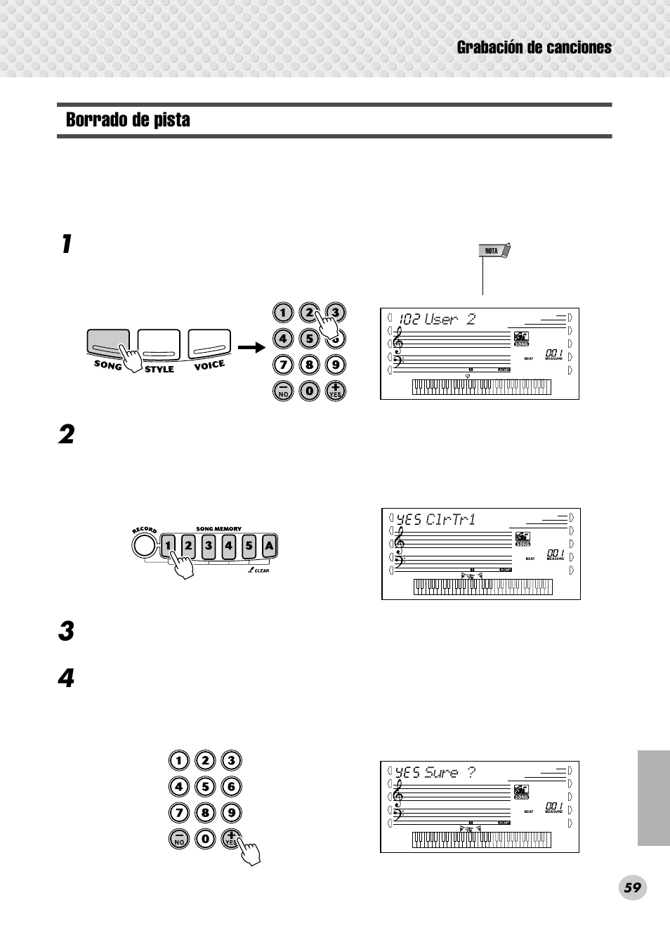 Borrado de pista, Grabación de canciones | Yamaha PSR-280 User Manual | Page 59 / 92