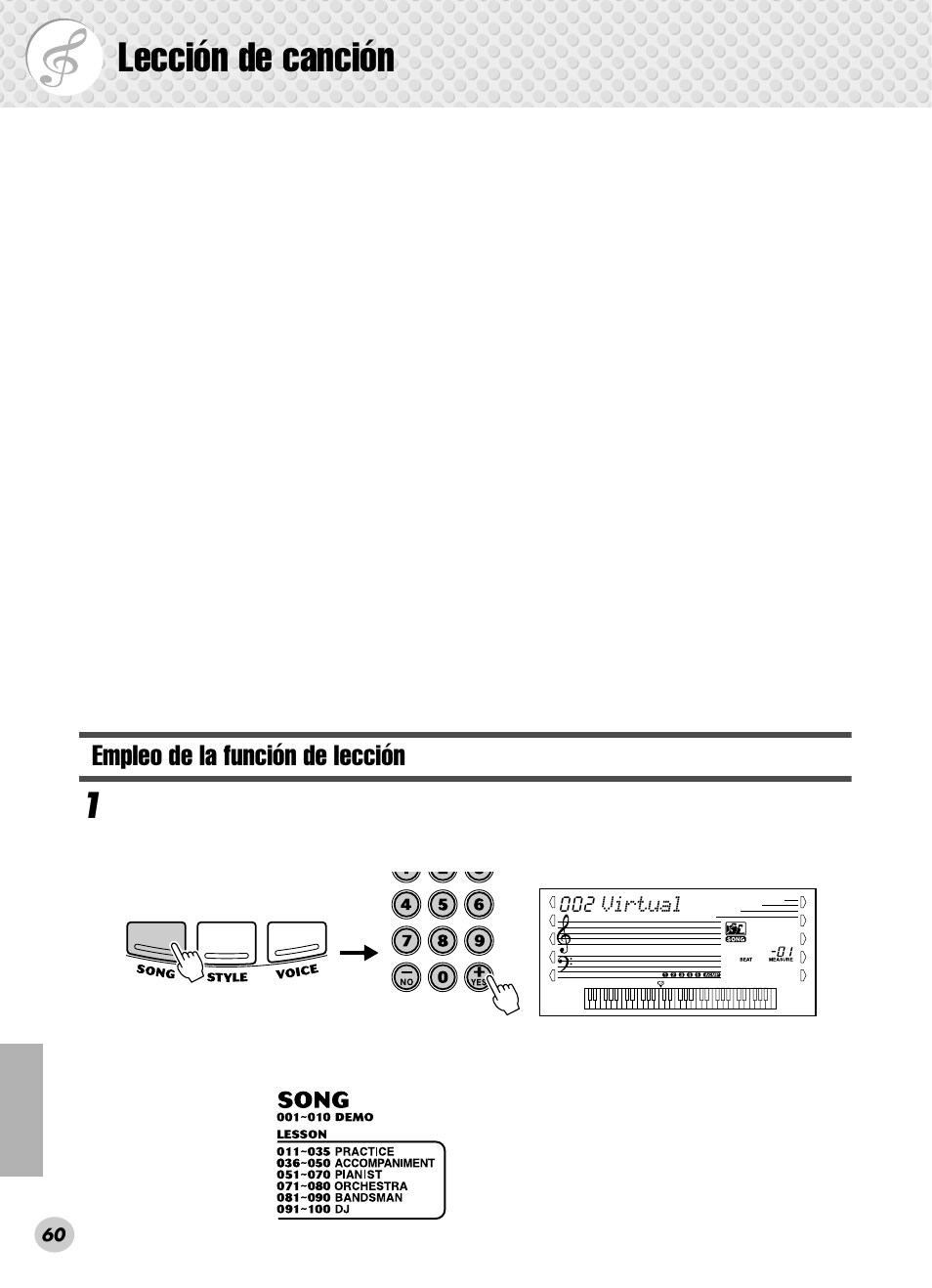 Lección de canción, Empleo de la función de lección | Yamaha PSR-280 User Manual | Page 60 / 92