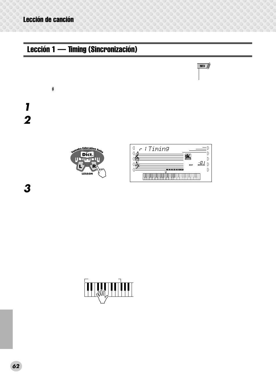 Lección 1 — timing (sincronización), Lección de canción | Yamaha PSR-280 User Manual | Page 62 / 92