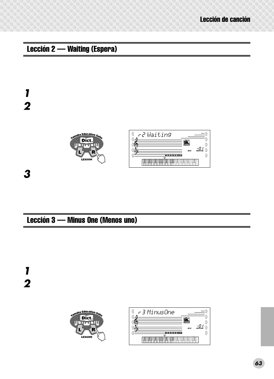 Lección 2 — waiting (espera), Lección 3 — minus one (menos uno) | Yamaha PSR-280 User Manual | Page 63 / 92