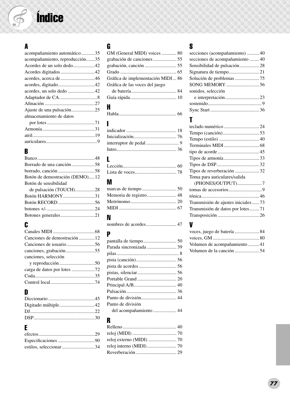 Índice | Yamaha PSR-280 User Manual | Page 77 / 92