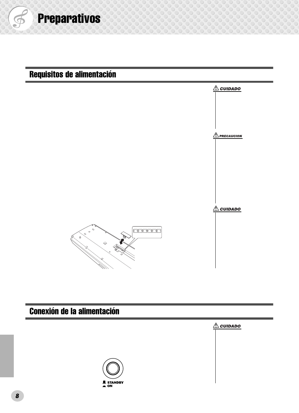 Preparativos, Requisitos de alimentación, Conexión de la alimentación | Yamaha PSR-280 User Manual | Page 8 / 92