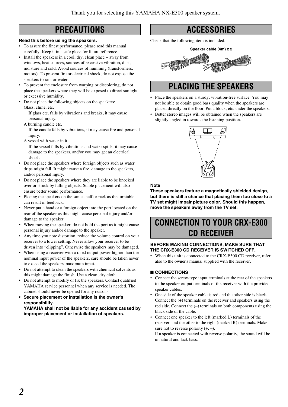 English, Precautions, Accessories | Placing the speakers, Connection to your crx-e300 cd receiver | Yamaha NX-E300 User Manual | Page 2 / 4