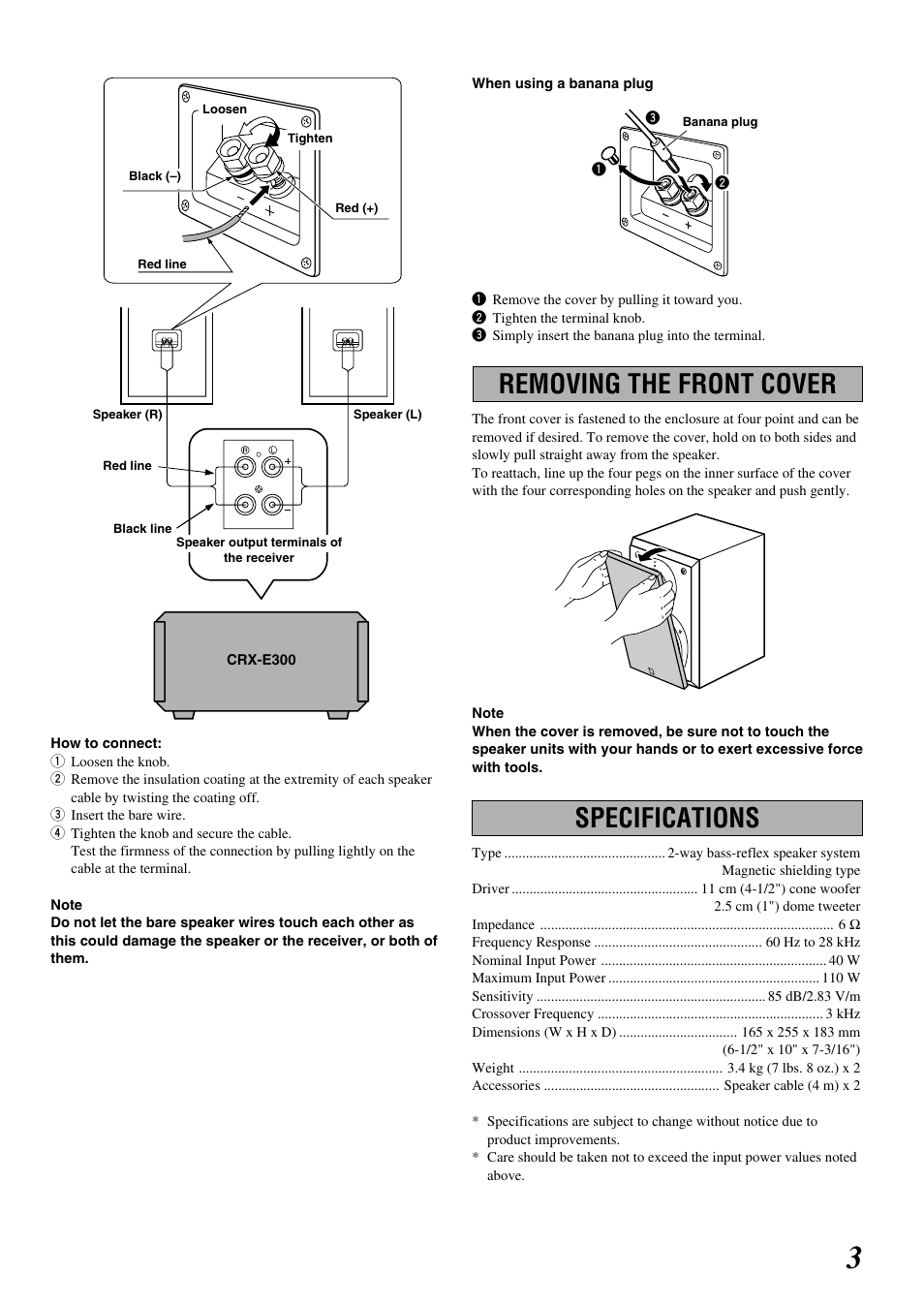 Removing the front cover, Specifications | Yamaha NX-E300 User Manual | Page 3 / 4