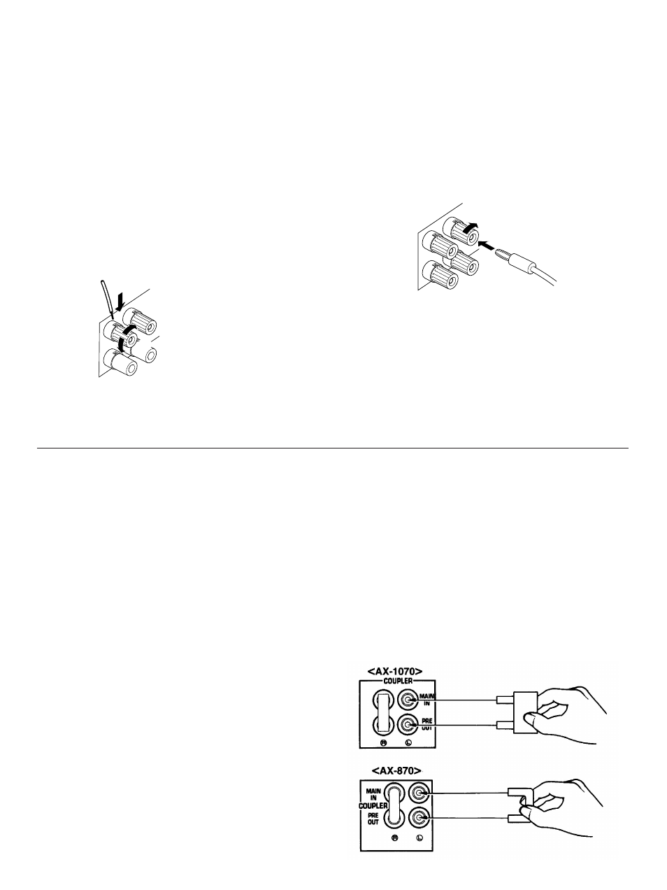 Connecting speakers about the accessory terminals, Ac outlets (switched), Remote control (phono) connector | Gnd terminal (for turntable use), Pre out/main in terminals | Yamaha AX-1070/870 User Manual | Page 6 / 16