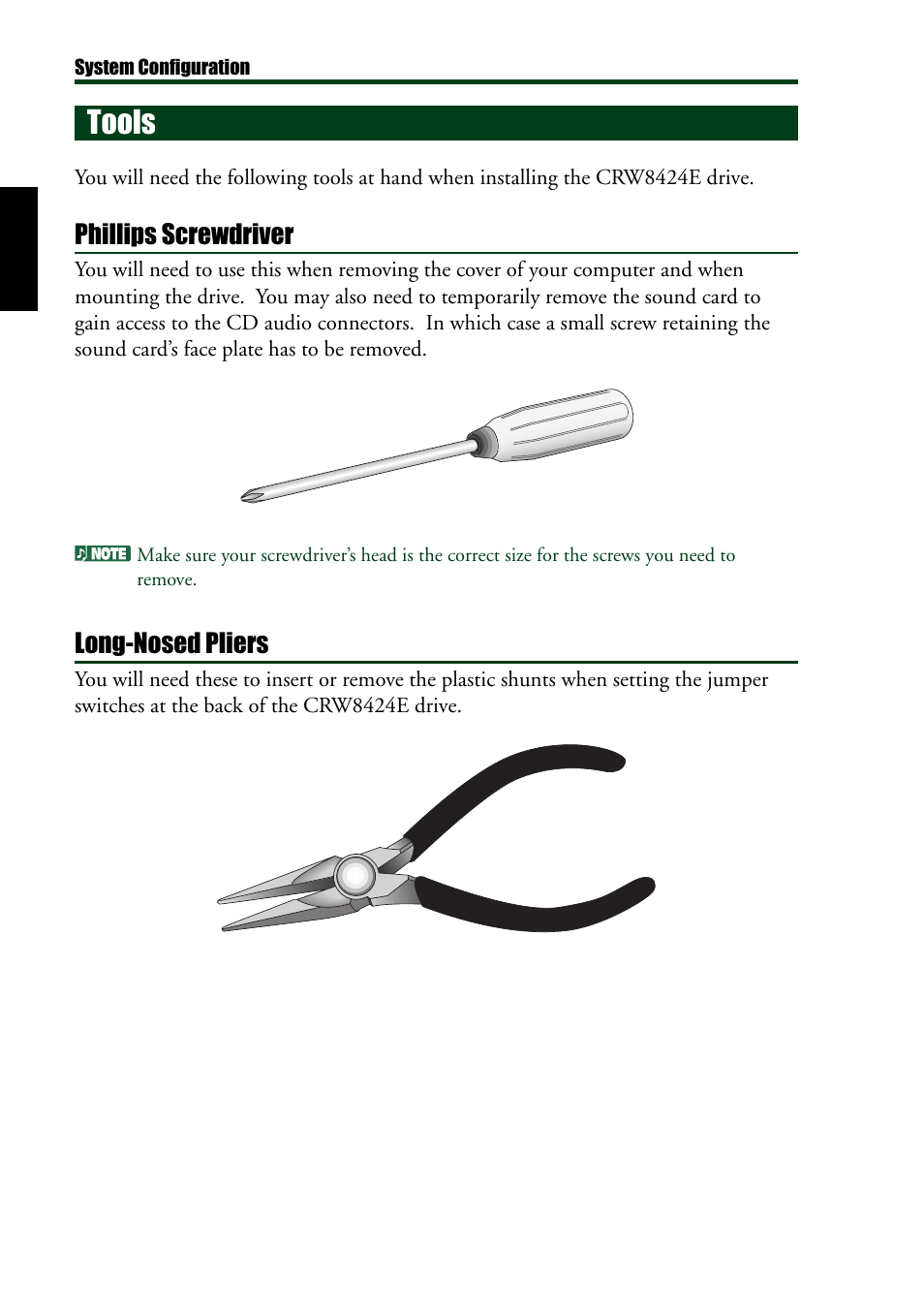 Tools, Phillips screwdriver, Long-nosed pliers | Yamaha CRW8424E User Manual | Page 14 / 46