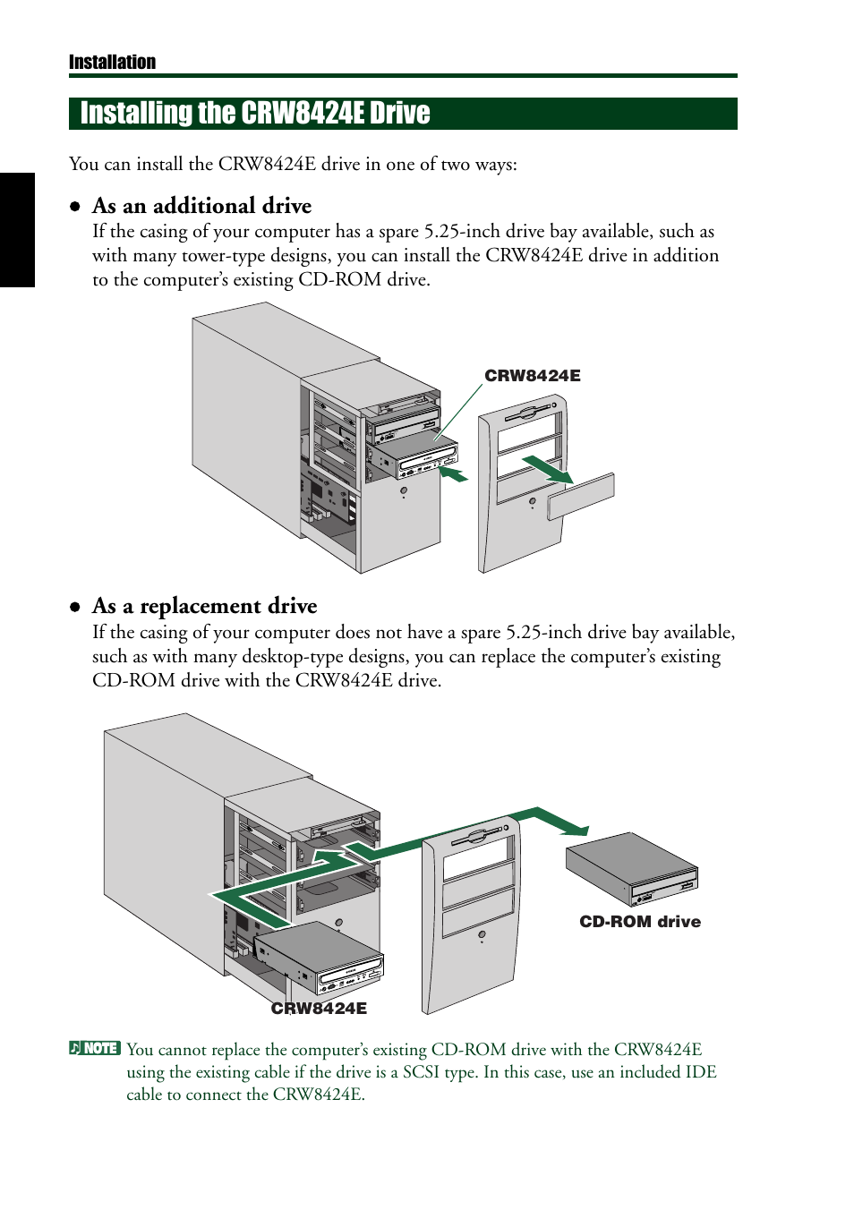 Installing the crw8424e drive, As an additional drive, As a replacement drive | Yamaha CRW8424E User Manual | Page 18 / 46
