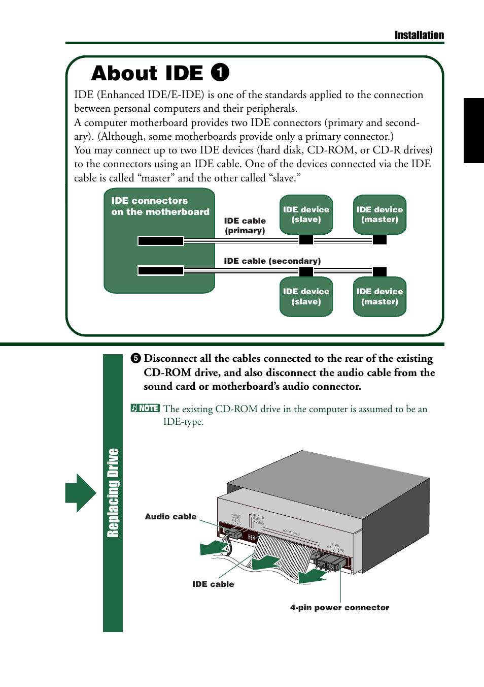 About ide, Additional drive replacing drive, Installation | Ide connectors on the motherboard | Yamaha CRW8424E User Manual | Page 21 / 46