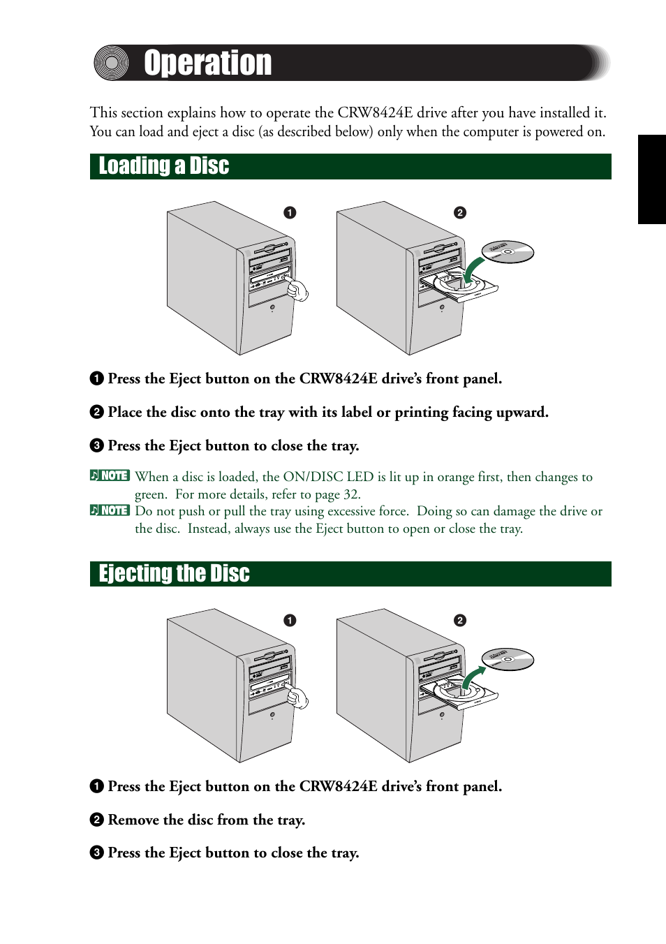 Operation, Loading a disc, Ejecting the disc | Loading a disc ejecting the disc | Yamaha CRW8424E User Manual | Page 33 / 46