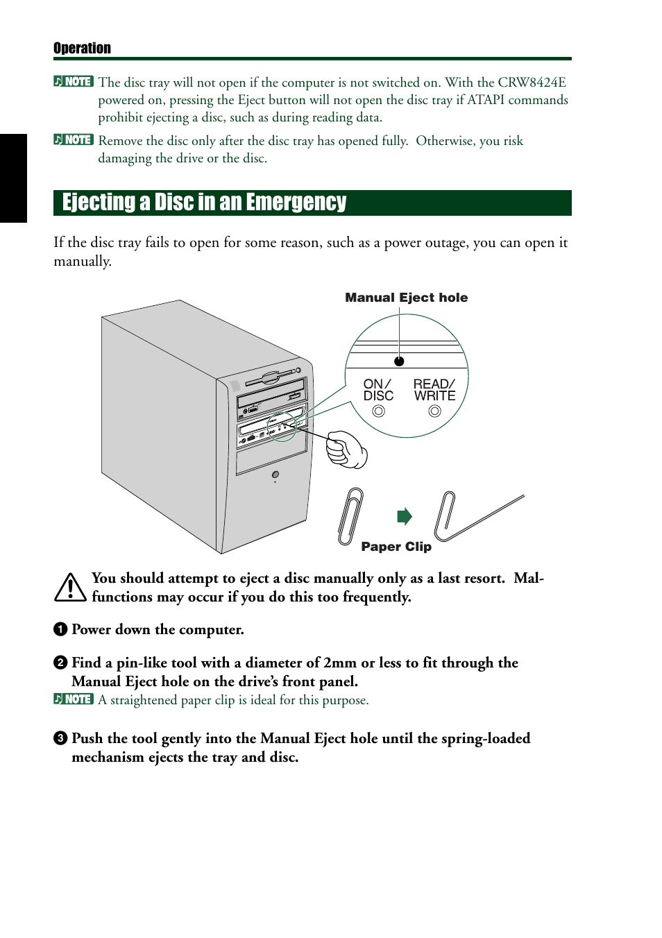 Ejecting a disc in an emergency | Yamaha CRW8424E User Manual | Page 34 / 46