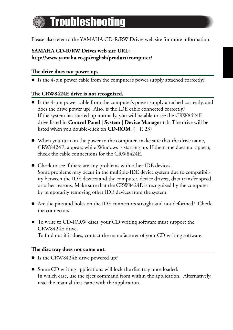 Troubleshooting | Yamaha CRW8424E User Manual | Page 35 / 46