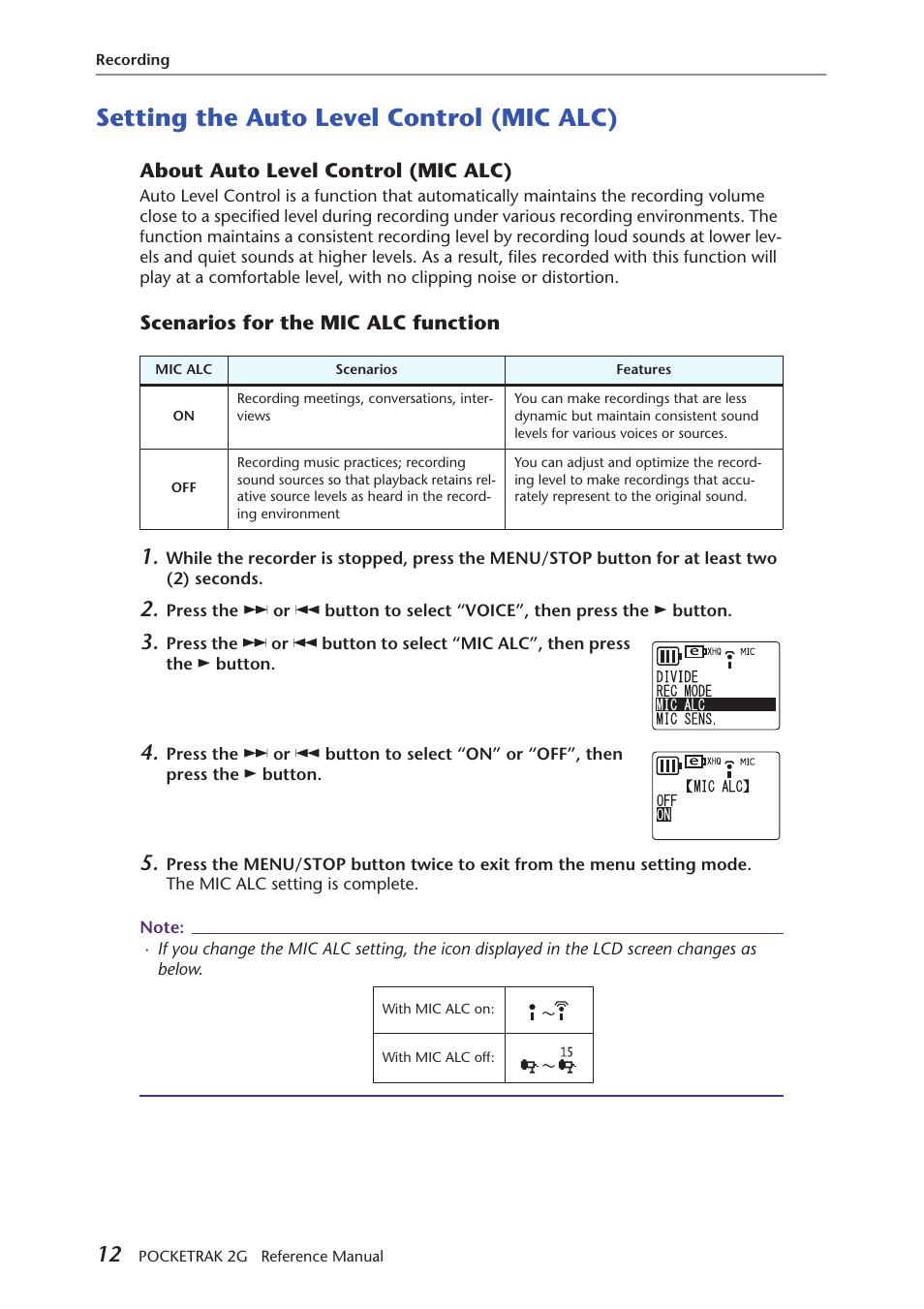 Setting the auto level control (mic alc), About auto level control (mic alc), Scenarios for the mic alc function | Yamaha POCKETRAK 2G User Manual | Page 12 / 54