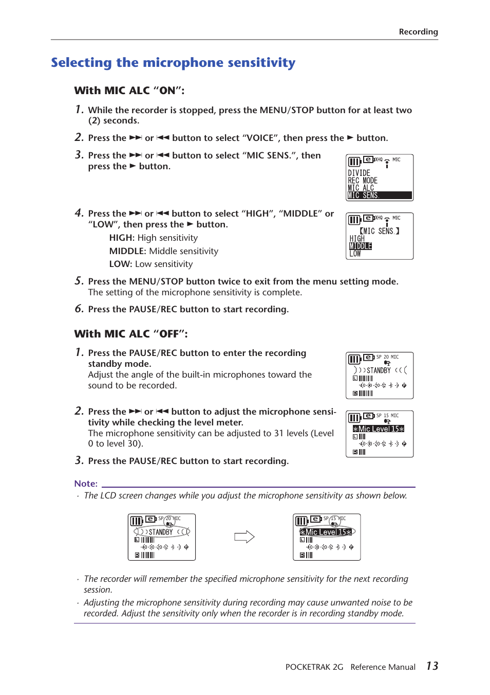 Selecting the microphone sensitivity, With mic alc “on, With mic alc “off | With mic alc “on”: with mic alc “off | Yamaha POCKETRAK 2G User Manual | Page 13 / 54