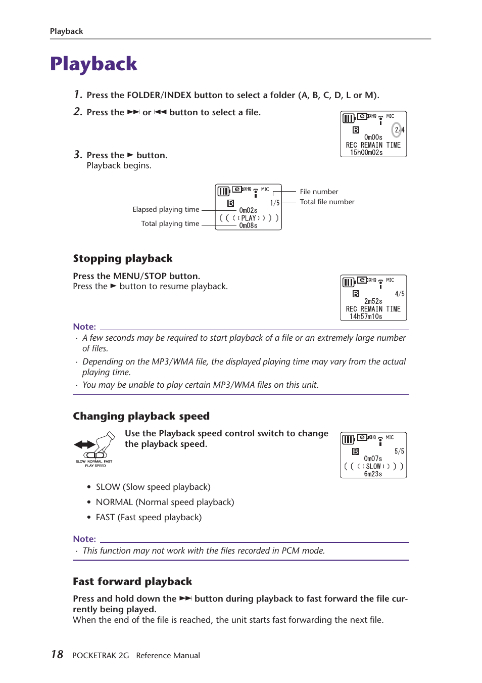 Playback, Stopping playback, Changing playback speed | Fast forward playback | Yamaha POCKETRAK 2G User Manual | Page 18 / 54