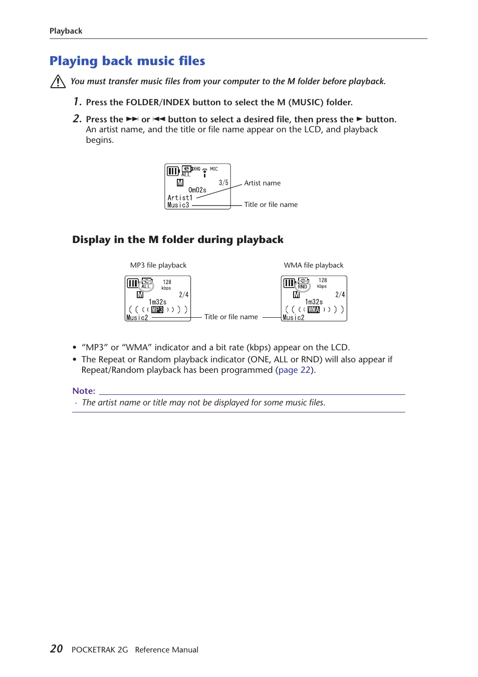 Playing back music files, Display in the m folder during playback | Yamaha POCKETRAK 2G User Manual | Page 20 / 54