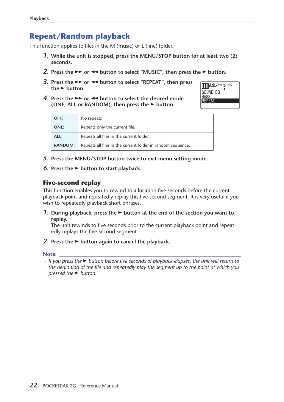 Repeat/random playback, Five-second replay | Yamaha POCKETRAK 2G User Manual | Page 22 / 54