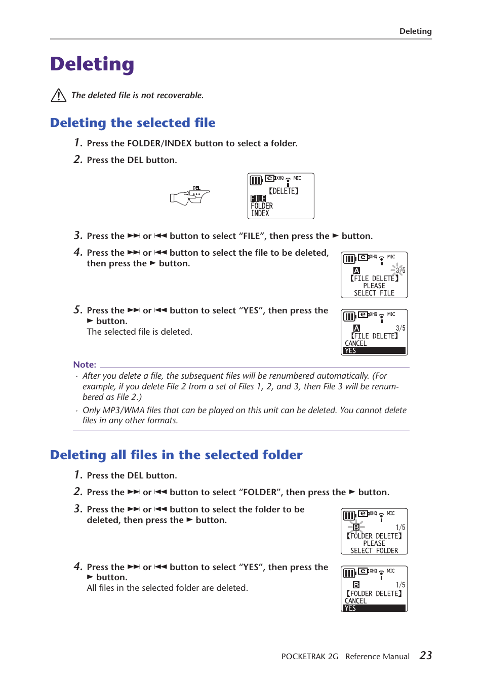 Deleting, Deleting the selected file, Deleting all files in the selected folder | Yamaha POCKETRAK 2G User Manual | Page 23 / 54