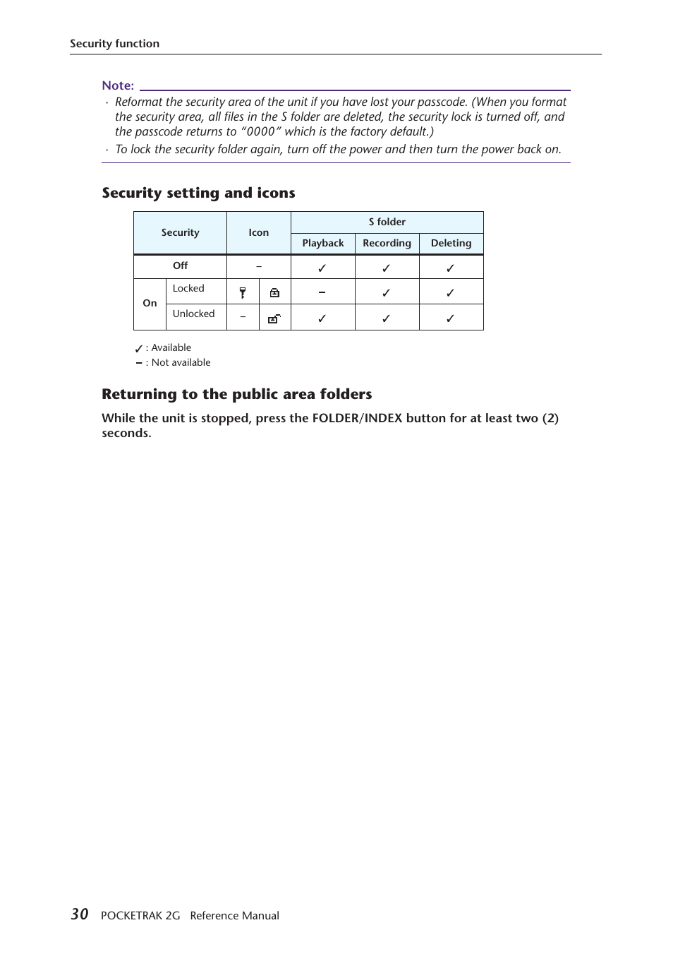 Security setting and icons, Returning to the public area folders | Yamaha POCKETRAK 2G User Manual | Page 30 / 54