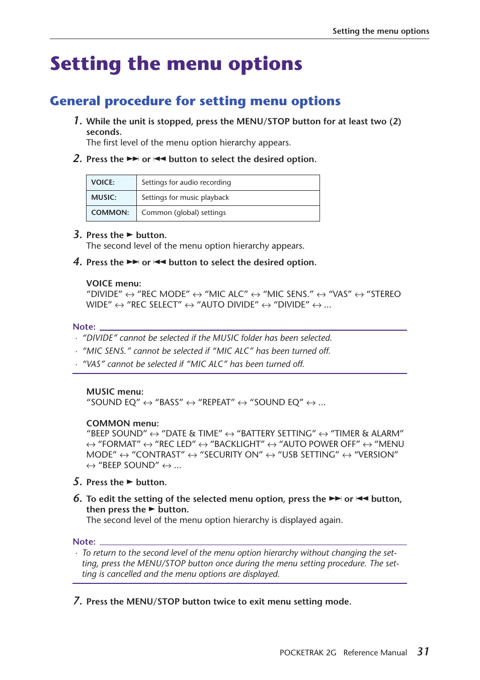 Setting the menu options, General procedure for setting menu options | Yamaha POCKETRAK 2G User Manual | Page 31 / 54