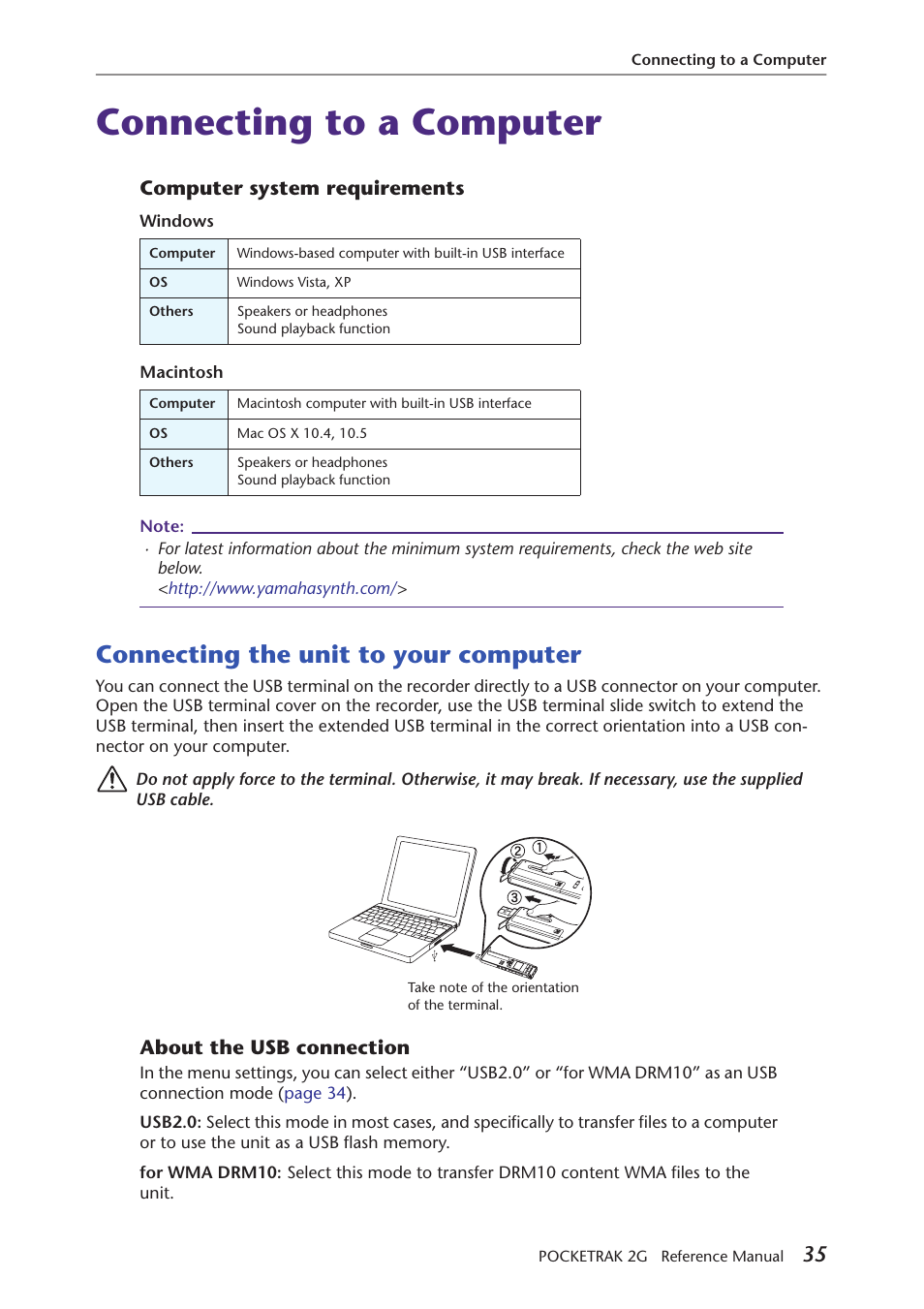 Connecting to a computer, Computer system requirements, Connecting the unit to your computer | About the usb connection | Yamaha POCKETRAK 2G User Manual | Page 35 / 54