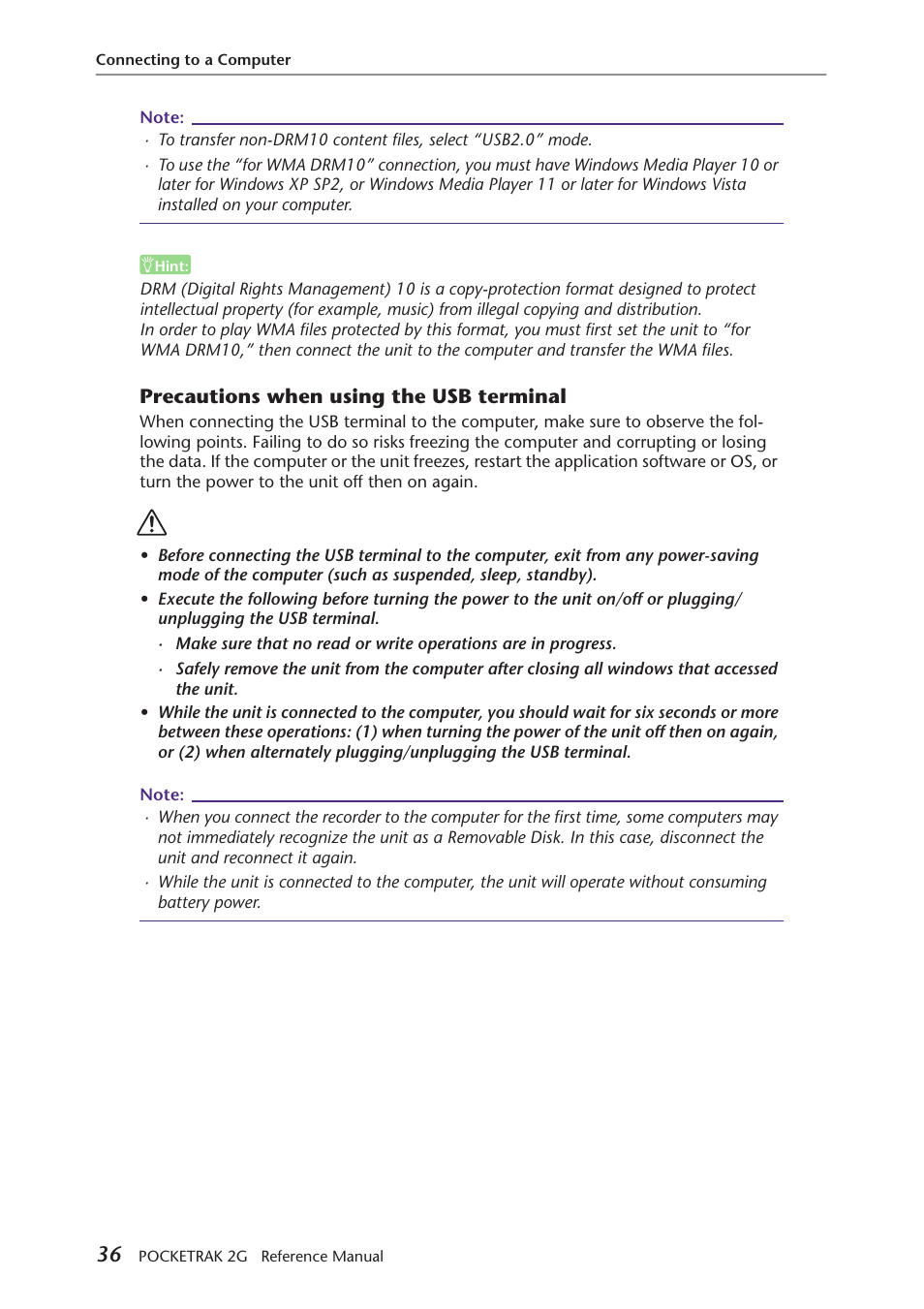 Precautions when using the usb terminal | Yamaha POCKETRAK 2G User Manual | Page 36 / 54