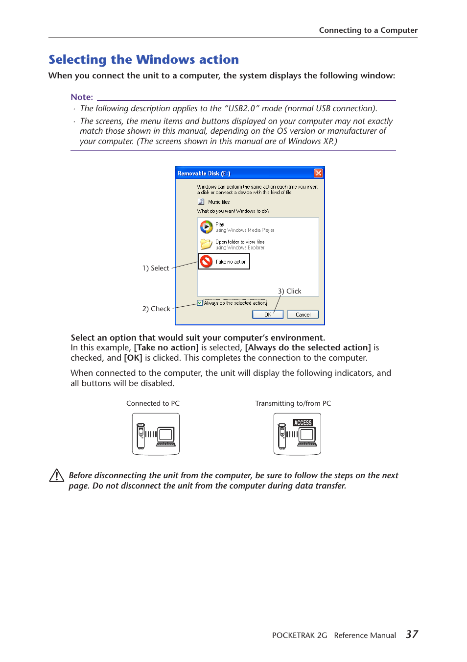 Selecting the windows action | Yamaha POCKETRAK 2G User Manual | Page 37 / 54