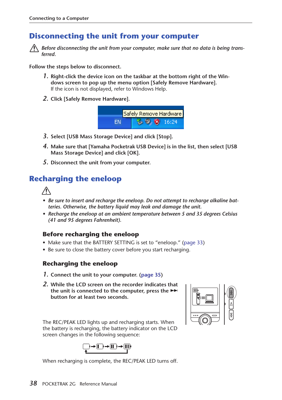 Disconnecting the unit from your computer, Recharging the eneloop, Before recharging the eneloop | Yamaha POCKETRAK 2G User Manual | Page 38 / 54