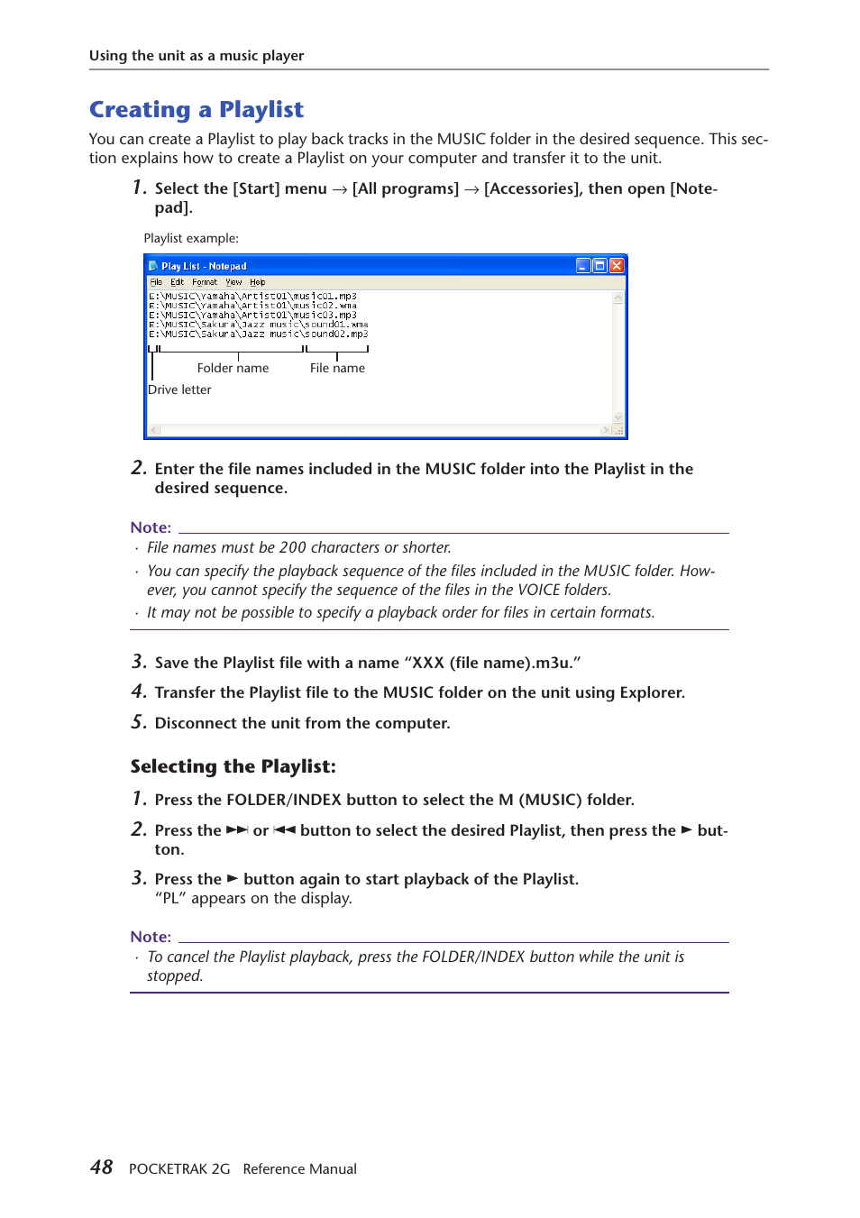 Creating a playlist, Selecting the playlist | Yamaha POCKETRAK 2G User Manual | Page 48 / 54