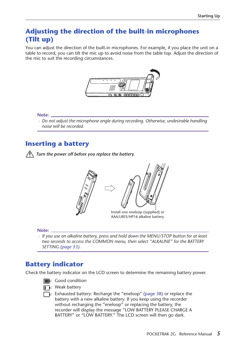Inserting a battery, Battery indicator | Yamaha POCKETRAK 2G User Manual | Page 5 / 54
