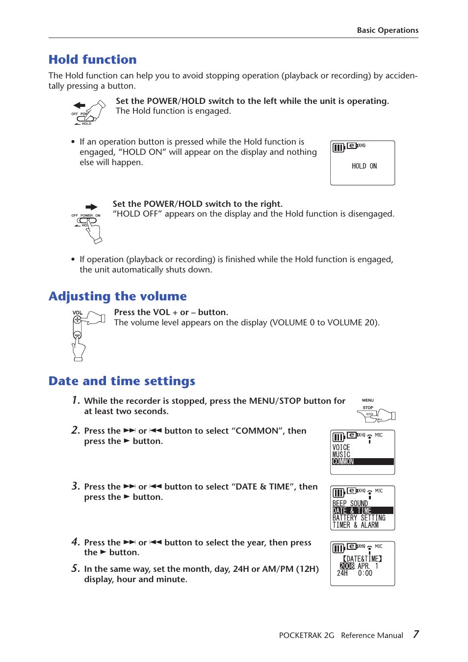 Hold function, Adjusting the volume, Date and time settings | Yamaha POCKETRAK 2G User Manual | Page 7 / 54