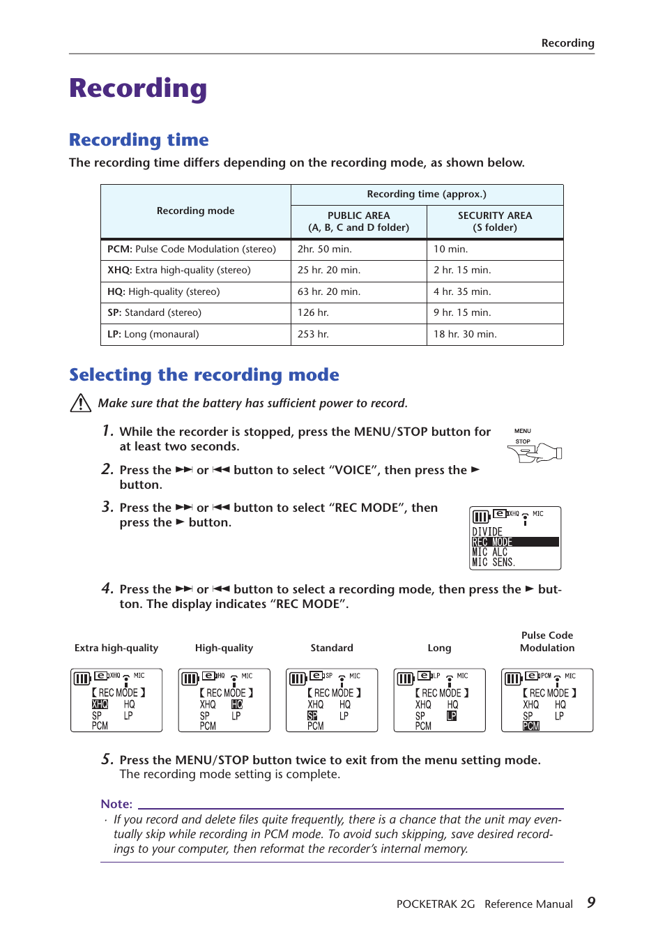 Recording, Recording time, Selecting the recording mode | Yamaha POCKETRAK 2G User Manual | Page 9 / 54