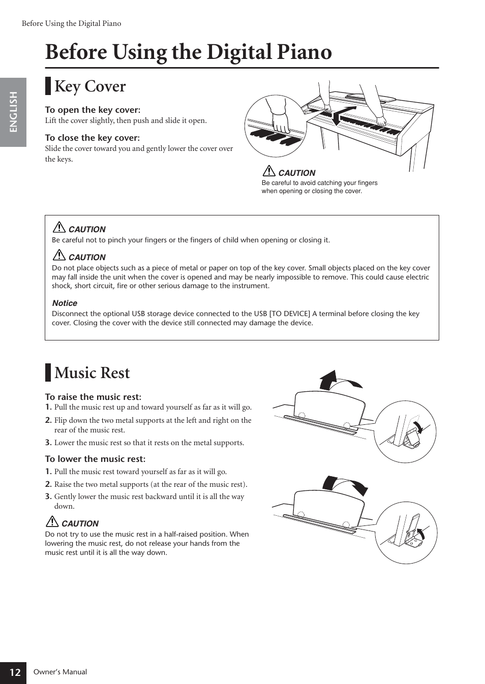 Before using the digital piano, Key cover, Music rest | Key cover music rest | Yamaha ARIUS YDP-181 User Manual | Page 12 / 70