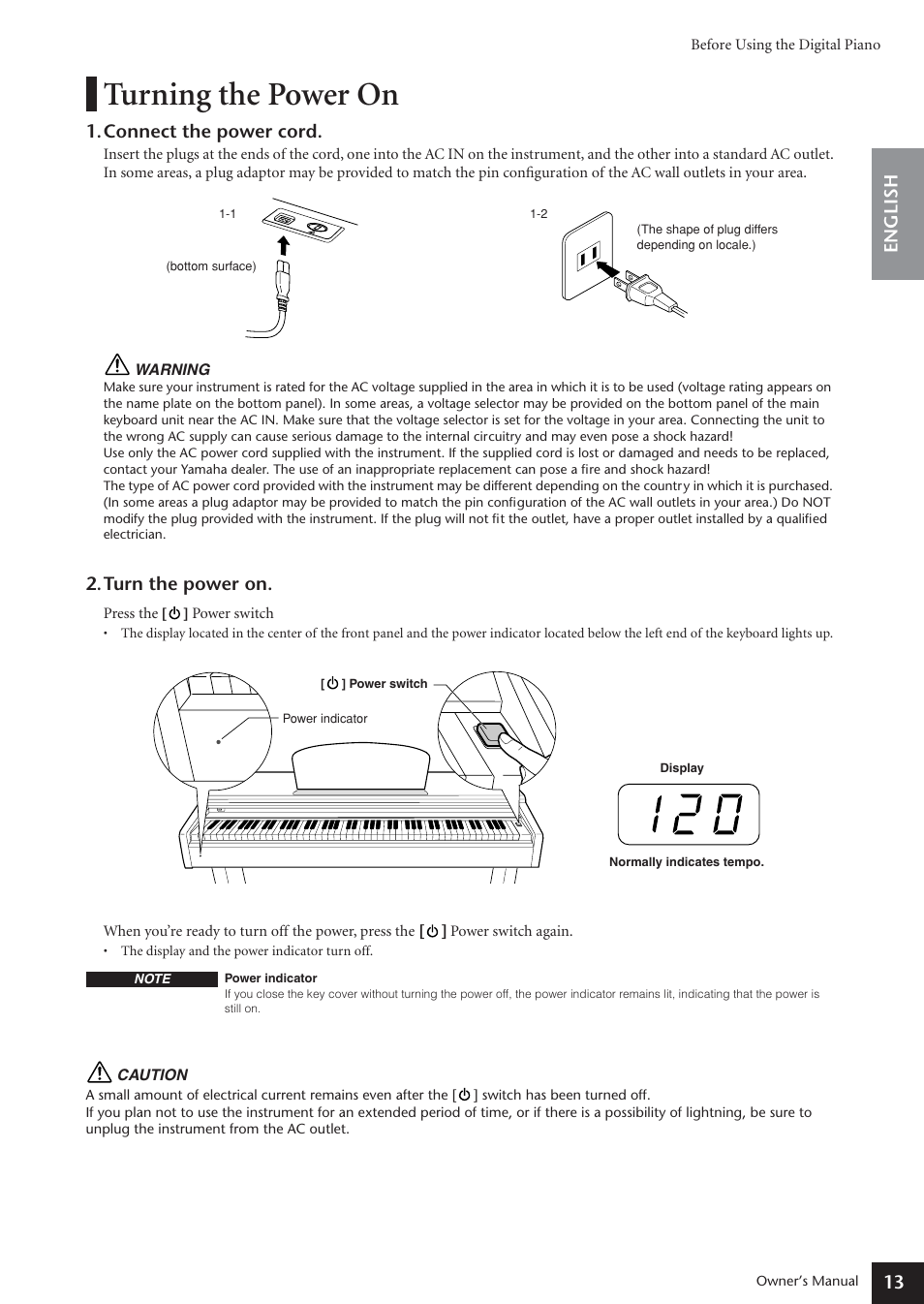 Turning the power on, English 13, Connect the power cord | Turn the power on | Yamaha ARIUS YDP-181 User Manual | Page 13 / 70