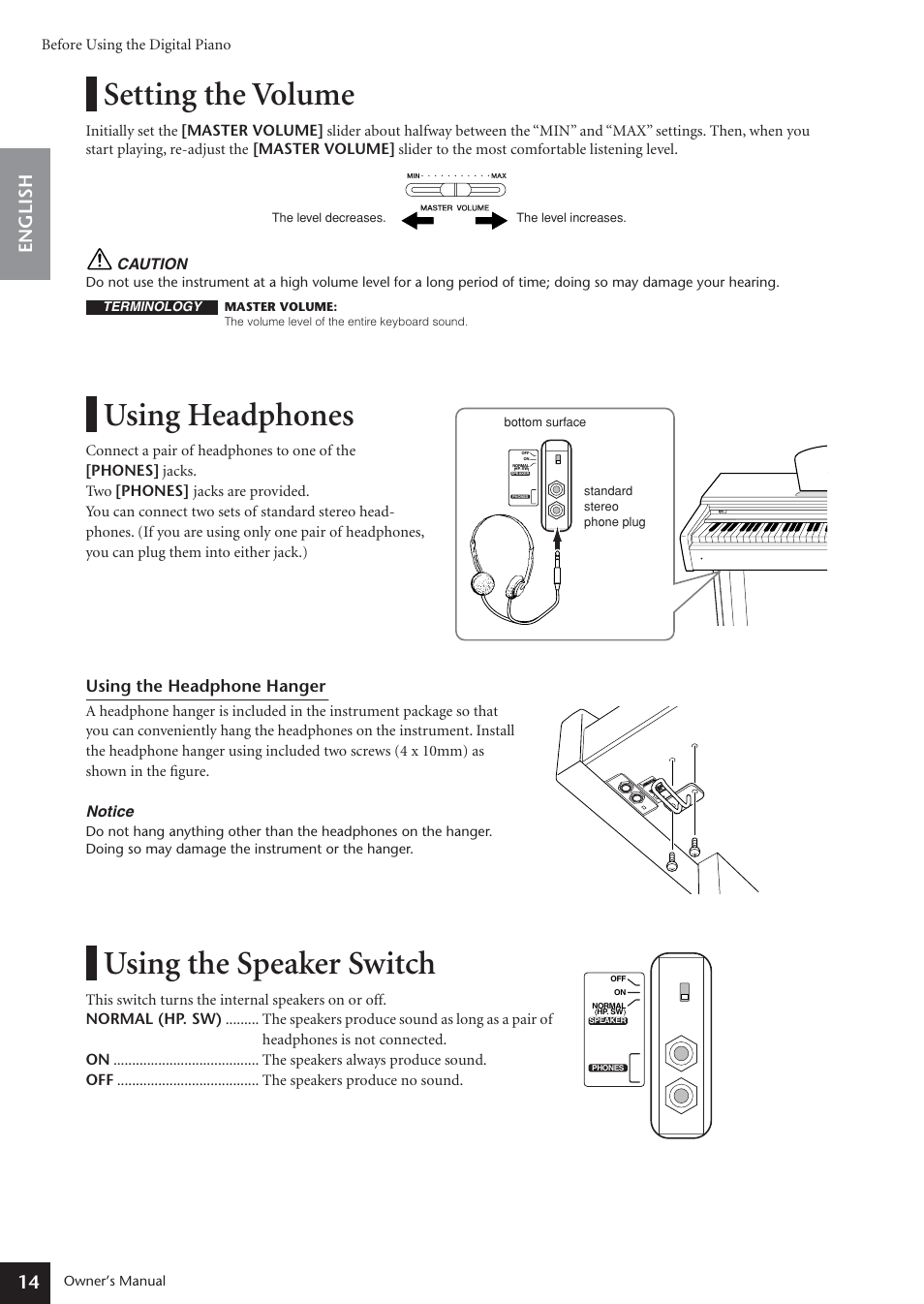 Setting the volume, Using headphones, Using the speaker switch | 14 english | Yamaha ARIUS YDP-181 User Manual | Page 14 / 70