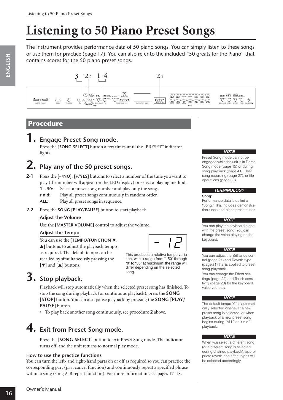 Listening to 50 piano preset songs, Procedure | Yamaha ARIUS YDP-181 User Manual | Page 16 / 70
