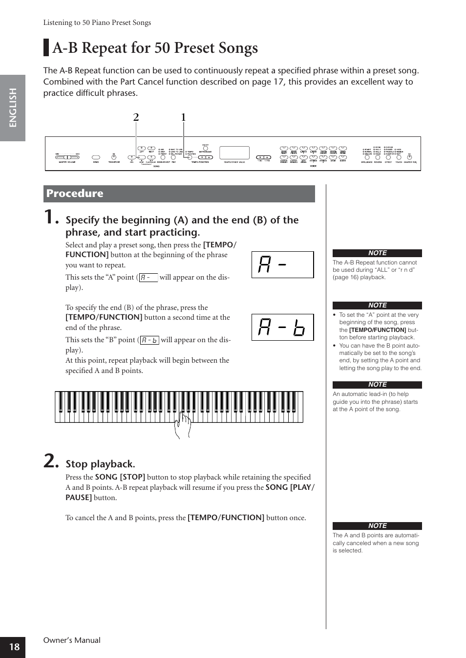 A-b repeat for 50 preset songs, Procedure | Yamaha ARIUS YDP-181 User Manual | Page 18 / 70