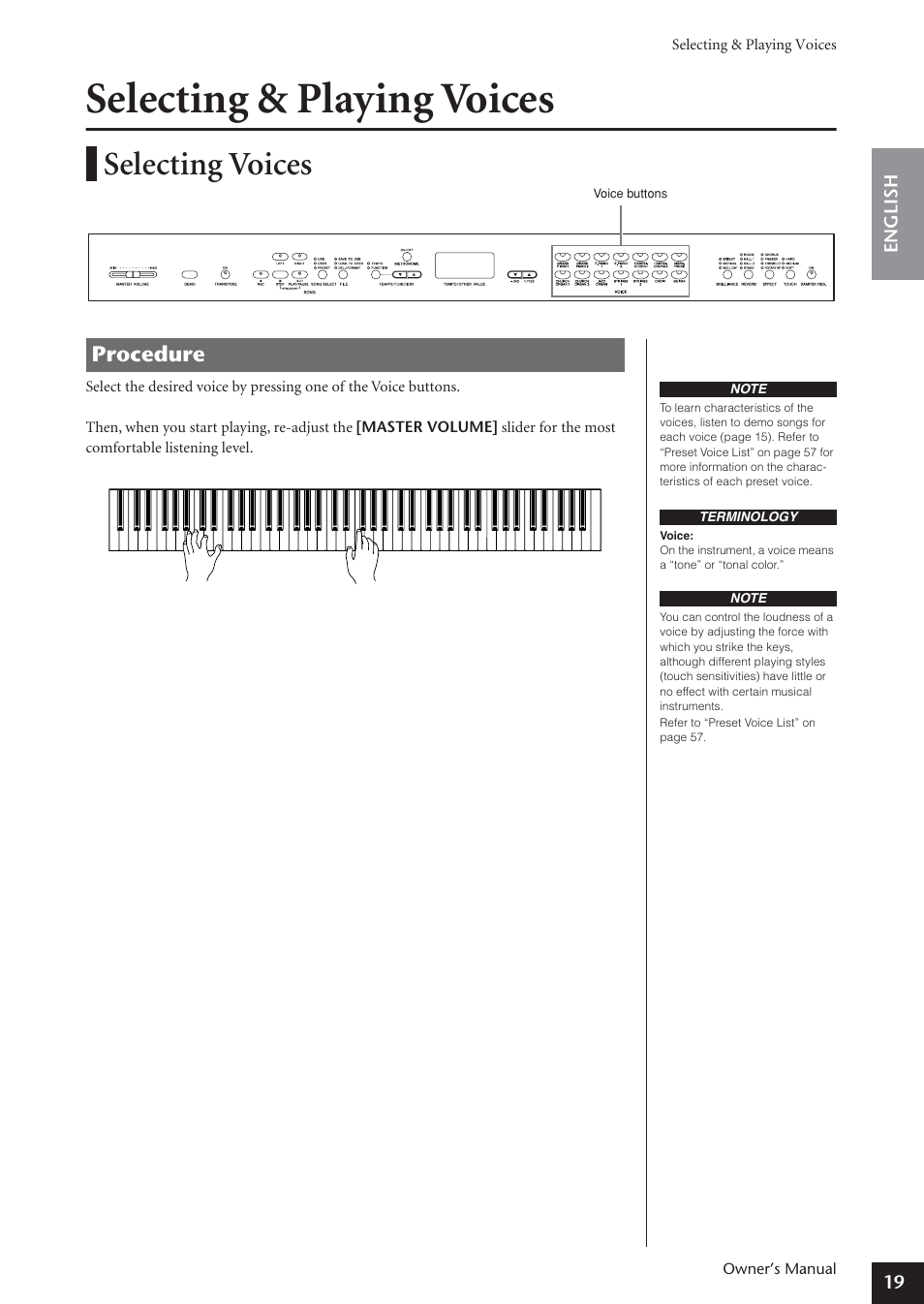 Selecting & playing voices, Selecting voices, Procedure | Yamaha ARIUS YDP-181 User Manual | Page 19 / 70