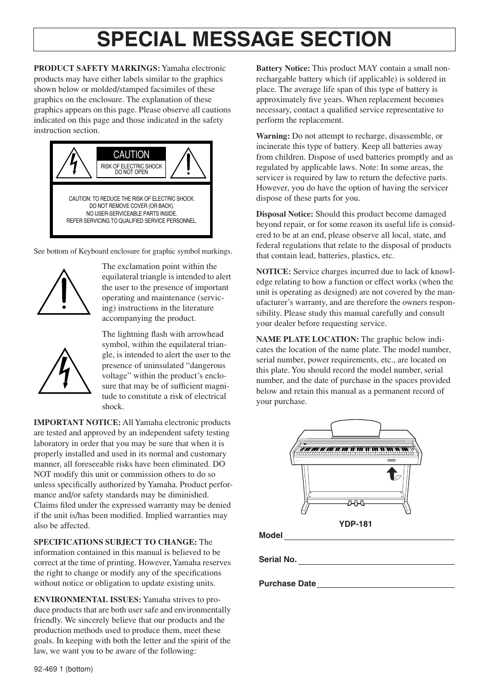 Caution | Yamaha ARIUS YDP-181 User Manual | Page 2 / 70