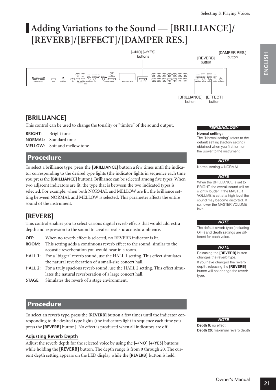 Brilliance, Reverb, Procedure | 21 english | Yamaha ARIUS YDP-181 User Manual | Page 21 / 70