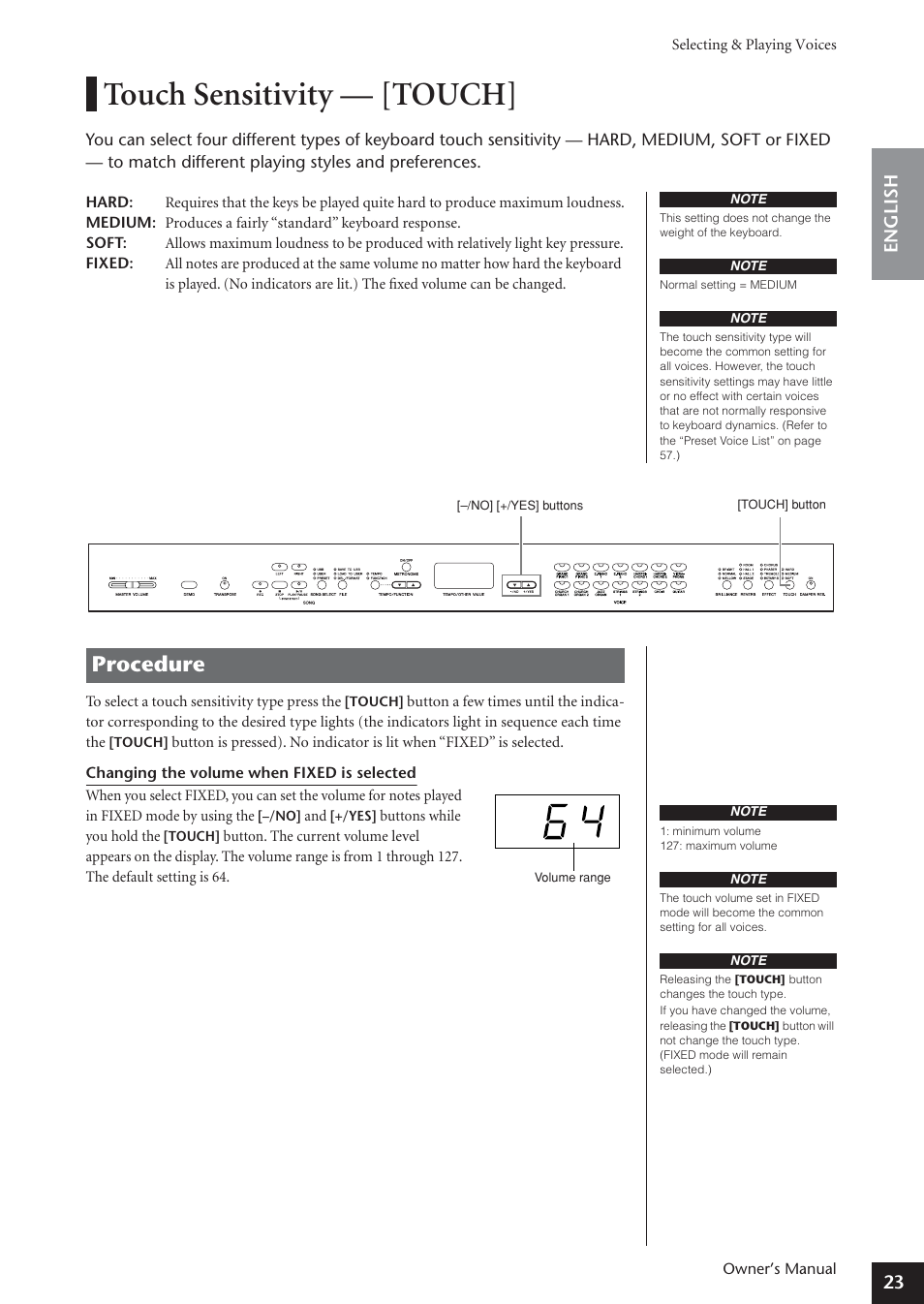 Touch sensitivity — [touch, Procedure, 23 english | Yamaha ARIUS YDP-181 User Manual | Page 23 / 70