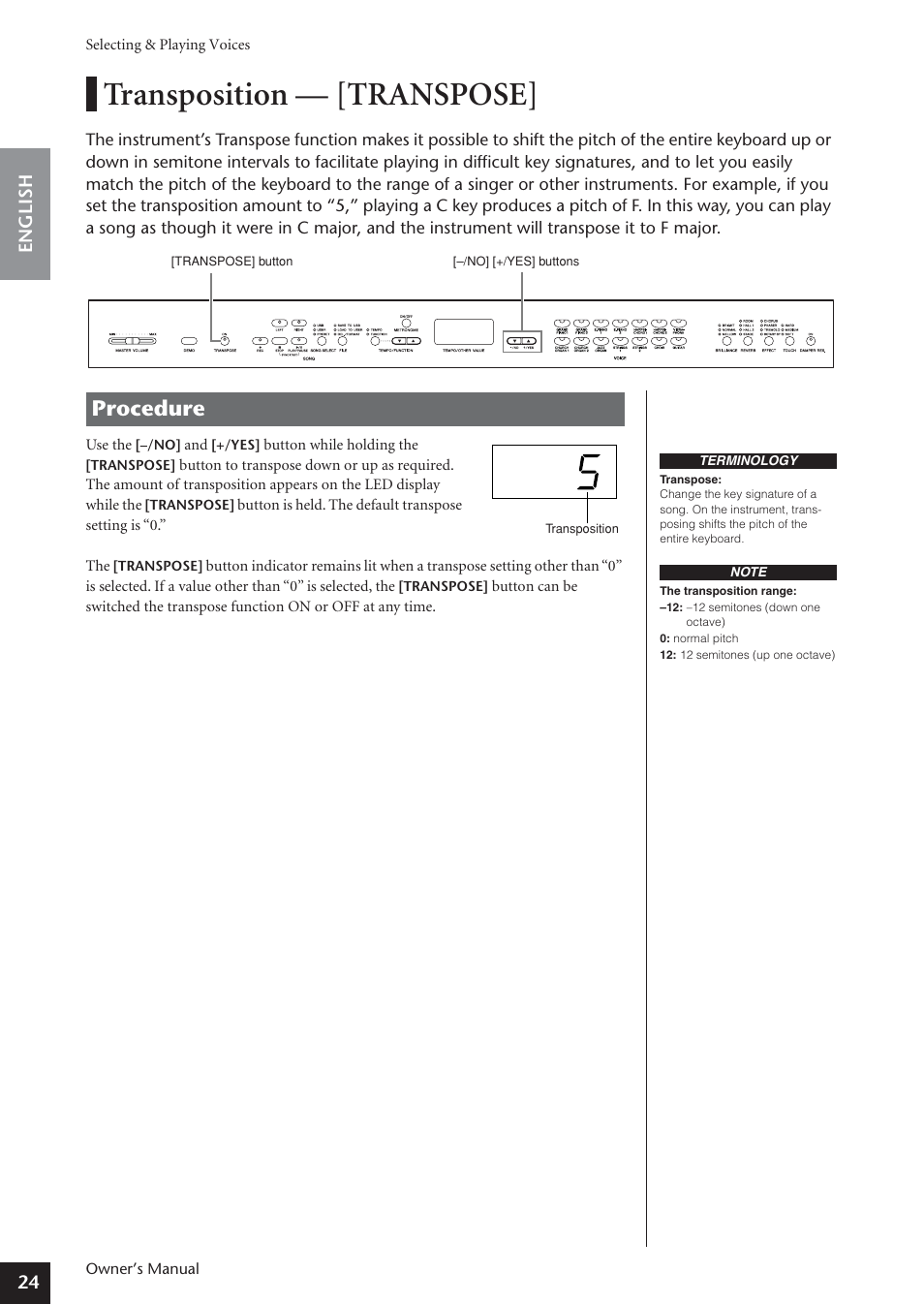Transposition — [transpose, Procedure, 24 english | Yamaha ARIUS YDP-181 User Manual | Page 24 / 70