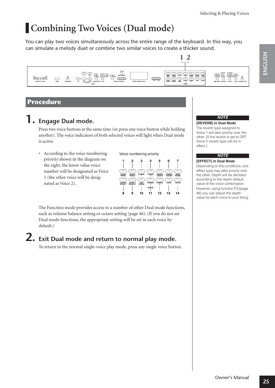 Combining two voices (dual mode), Procedure, Engage dual mode | Exit dual mode and return to normal play mode | Yamaha ARIUS YDP-181 User Manual | Page 25 / 70