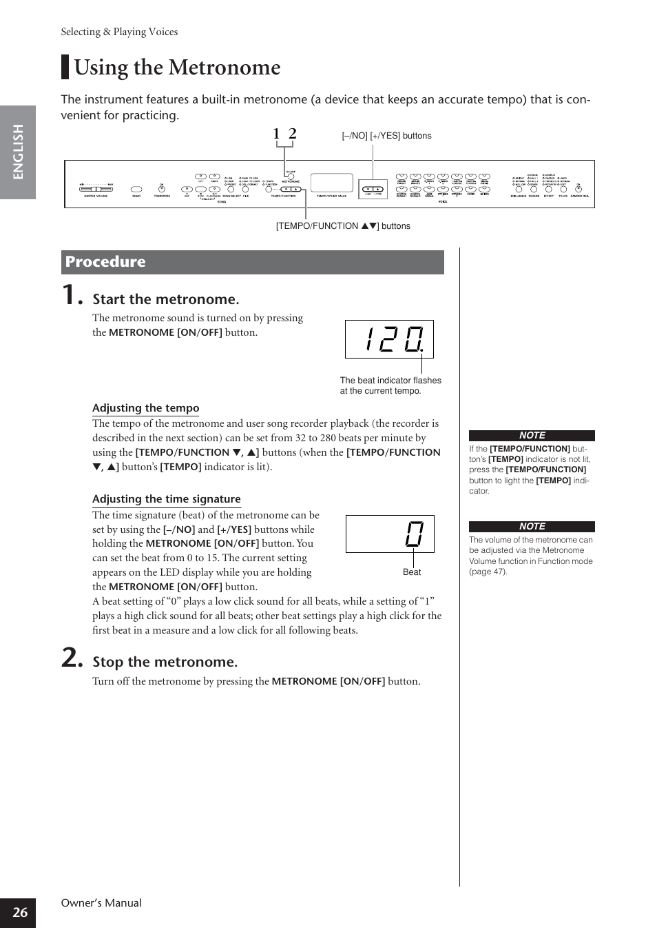 Using the metronome, Procedure | Yamaha ARIUS YDP-181 User Manual | Page 26 / 70