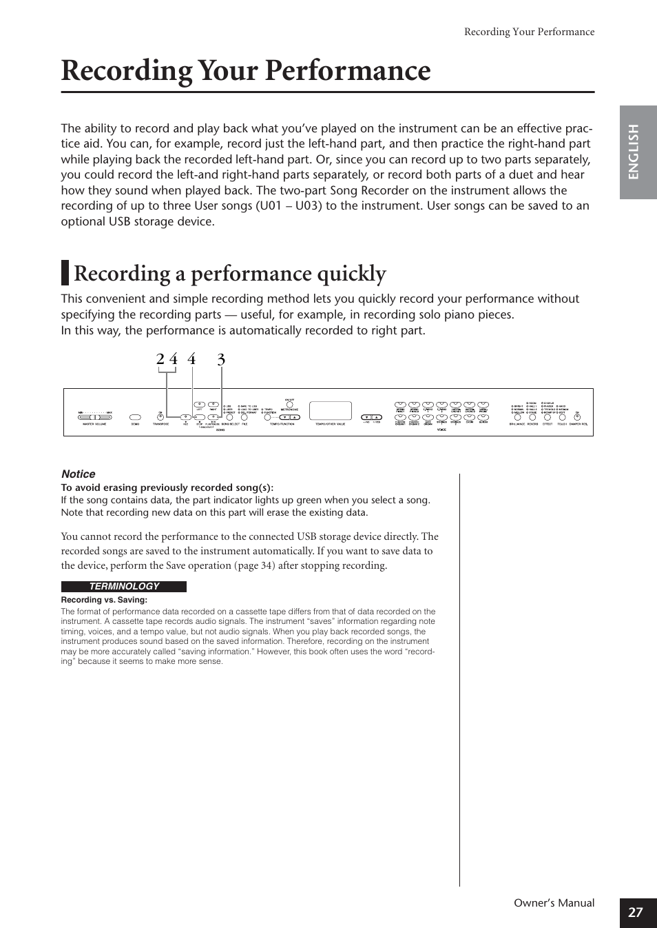 Recording your performance, Recording a performance quickly | Yamaha ARIUS YDP-181 User Manual | Page 27 / 70