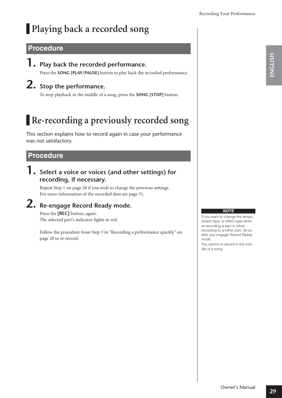 Playing back a recorded song, Re-recording a previously recorded song | Yamaha ARIUS YDP-181 User Manual | Page 29 / 70