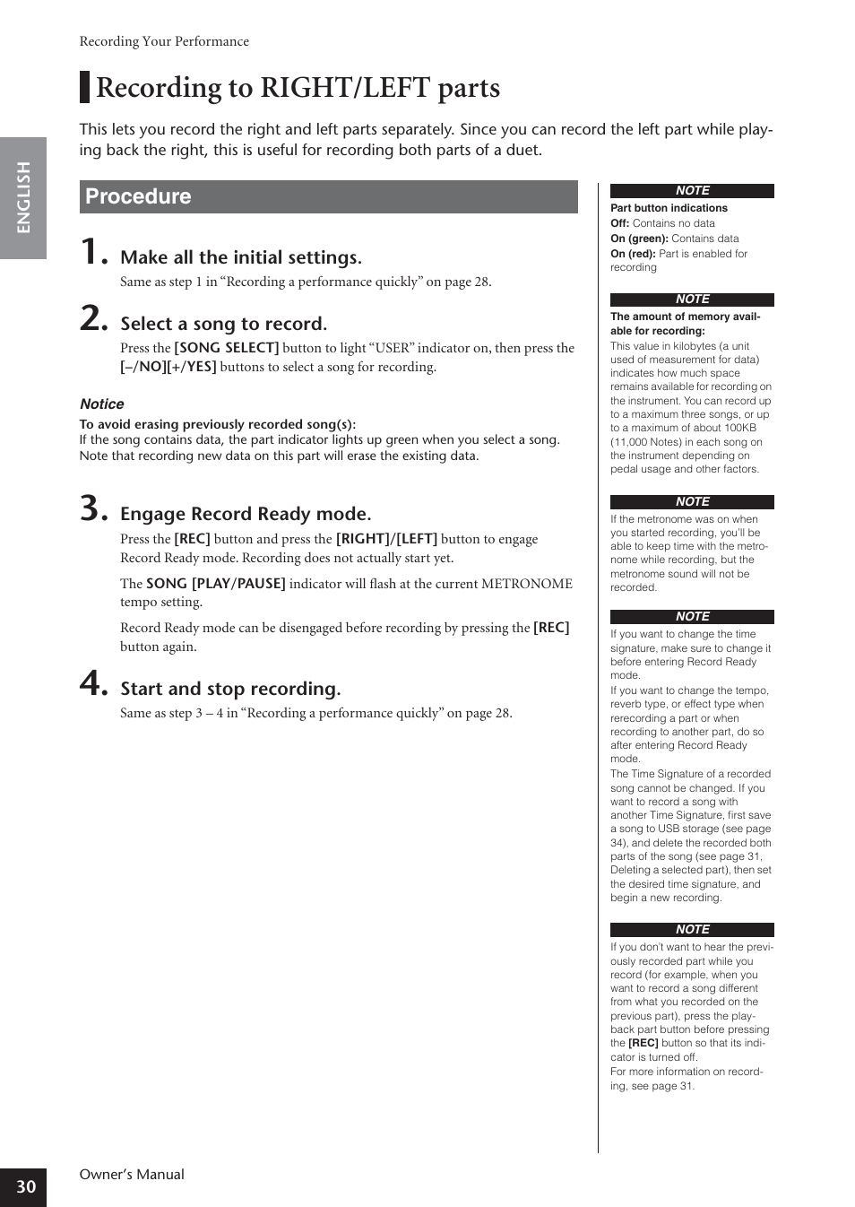 Recording to right/left parts, Procedure | Yamaha ARIUS YDP-181 User Manual | Page 30 / 70