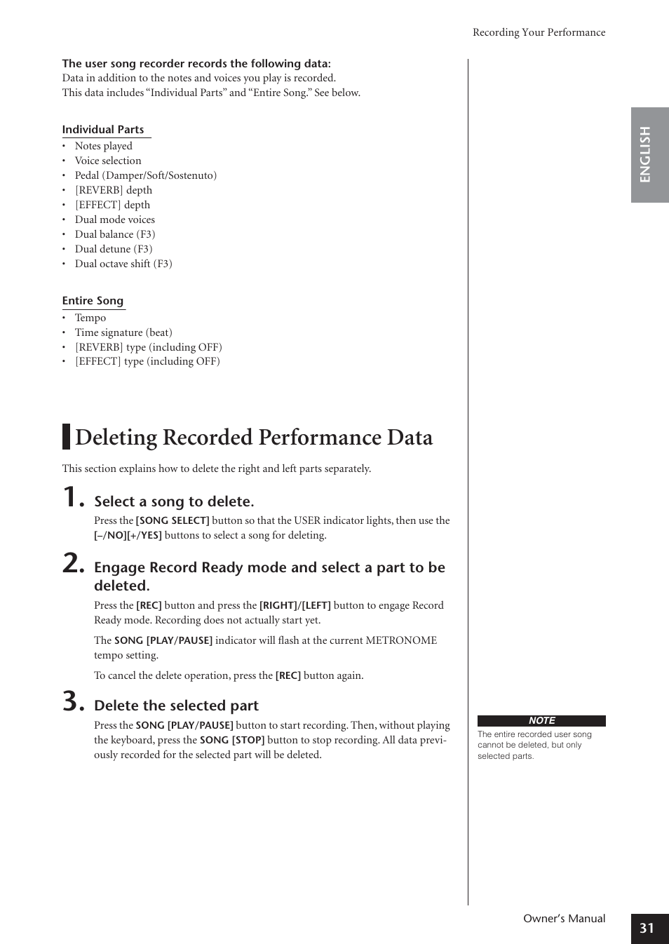 Deleting recorded performance data | Yamaha ARIUS YDP-181 User Manual | Page 31 / 70