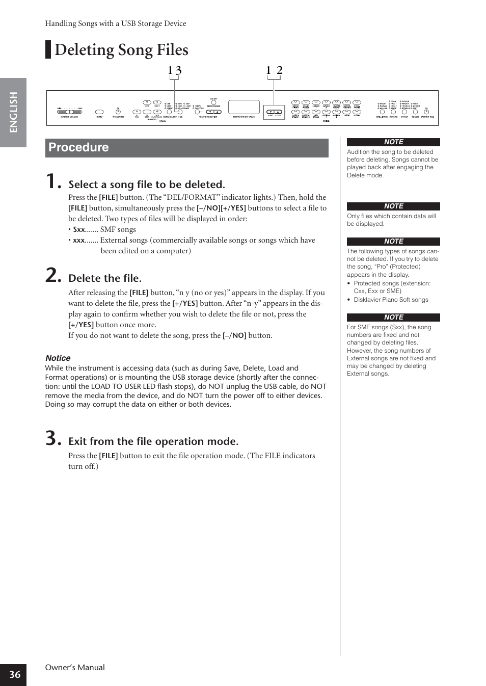Deleting song files, Procedure | Yamaha ARIUS YDP-181 User Manual | Page 36 / 70