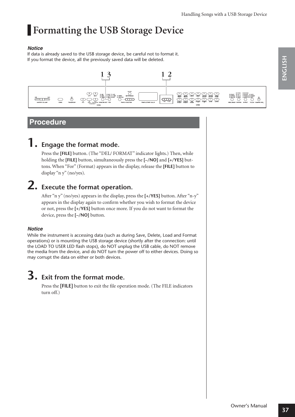Formatting the usb storage device, 1 2 1 3 procedure | Yamaha ARIUS YDP-181 User Manual | Page 37 / 70