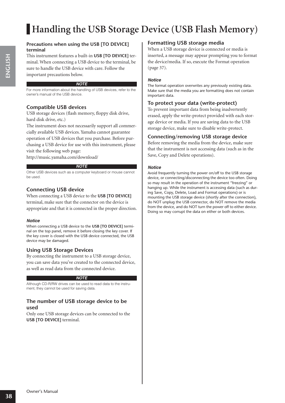 Handling the usb storage device (usb flash memory), English | Yamaha ARIUS YDP-181 User Manual | Page 38 / 70